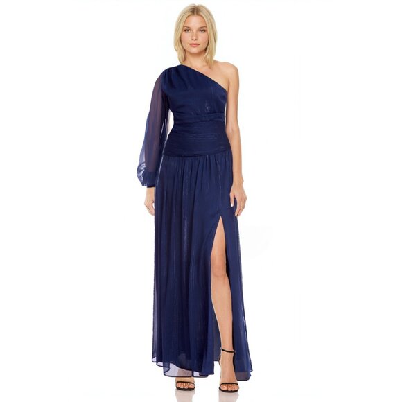 BADGLEY MISCHKA Alice Long Sleeve One Shoulder Gown in Navy Size US 2 - Picture 1 of 11